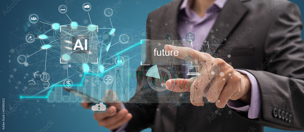 Poster ai, artificial intelligence and machine learning, businessman holds a smart phone with artificial in