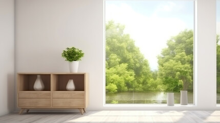 A Tranquil White Room with a Shelf and Enchanting Green Landscape Framed in the Window. Generative AI