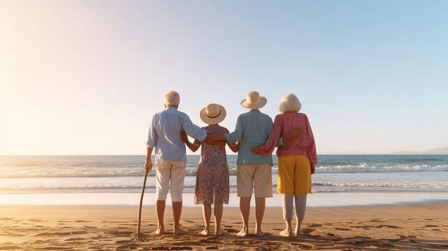 Happy seniors enjoying of retirement back view. Generative AI.