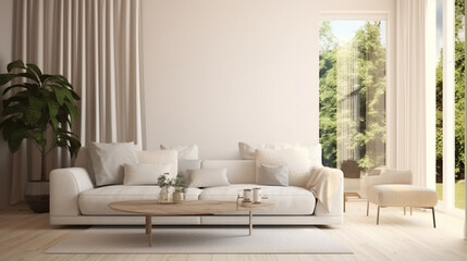 Modern living room in white color with sofa. Scandinavian interior design. Generative AI