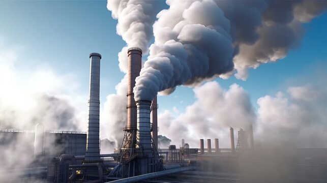 Industrial factory pollution smokestack exhaust gases. Generative AI.