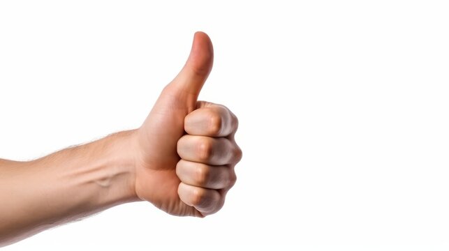 Hand showing thumbs up isolated on white background. Generative AI.