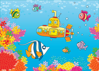 Small yellow deep-sea scientific bathyscaphe among funny exotic fishes on a colorful tropical coral reef in a southern sea, vector cartoon illustration