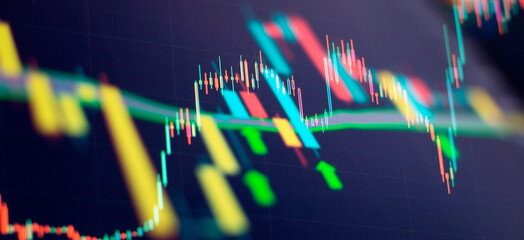 Technical price graph and indicator, red and green candlestick chart on blue theme screen, market volatility, up and down trend.