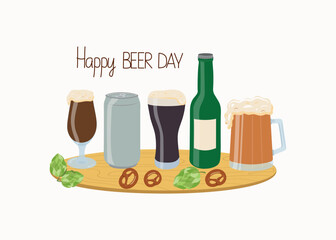 Beer day, festival, holiday.  Octoberfest.  Wooden sign with lettering decorated with beer items, beer in a bottle, can, mug. Hop cones.  Vector illustration, background isolated.