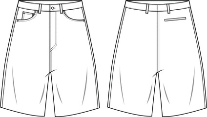 Fototapeta na wymiar Mens wide leg chino shorts front and back view flat sketch fashion illustration