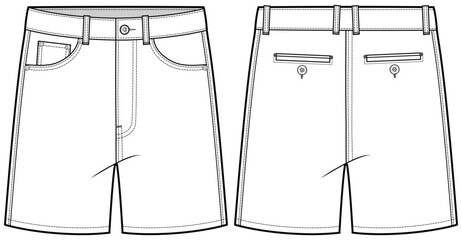 Men's chino shorts flat sketch fashion illustration with front and back view. Denim Shorts vector template © Fathima Flats