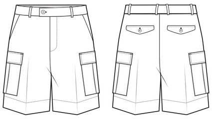 Men's Cargo shorts front and back view flat sketch fashion illustration, Chino utility shorts with cargo pockets technical drawing vector template