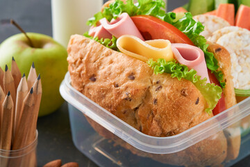 Healthy food for school lunch concept. Healthy bread, meat sandwich with cheese, apple, fresh cucumber, carrots, nuts in container, water and yogurt on dark background. Back to school concept.
