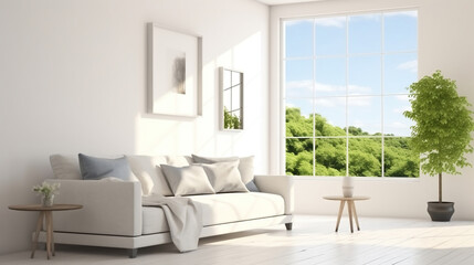 Scandinavian interior design. Idea of white room with sofa and summer landscape in window. 3D illustration. Generative AI
