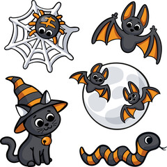 Set of cute cartoon halloween animals - spider, bats, cat and snake. Vector ink hand drawn illustration.