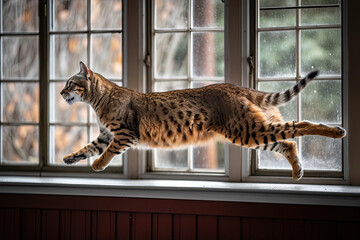 Obraz premium a cat that is jumping in the air with it's front paws on its hinds, looking out from a window