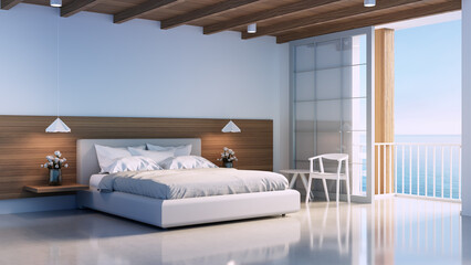 Modern white and wooden bedroom by the beach sea view - 3D rendering