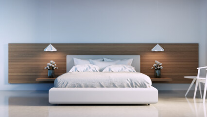 Modern white and wooden bedroom by the beach sea view - 3D rendering - 615885053
