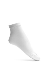 White cotton short sock on invisible mannequin foot isolated on white background with shadow. Mock-up for branding.