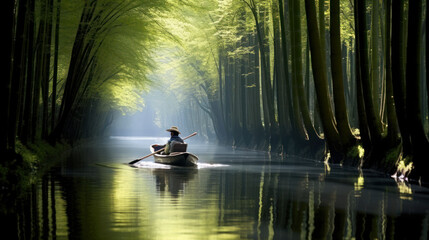 person rowing on small boat on calm river. generative ai