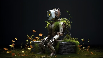 Fototapeta premium Broken old robot abandoned in nature, in the forest. Pollution. AI