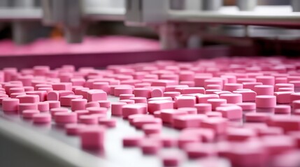 Close-up view of pink tablets during their manufacture. Generative AI.