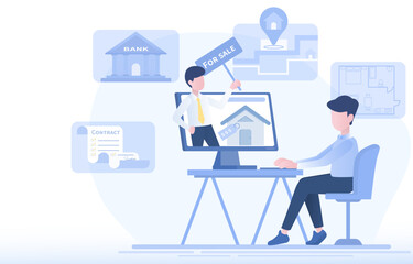 Man searching house to buy in real estate market through online platform with the video assistance of a real estate agency. Location map, price range, room plan, contract, deal, term and condition.