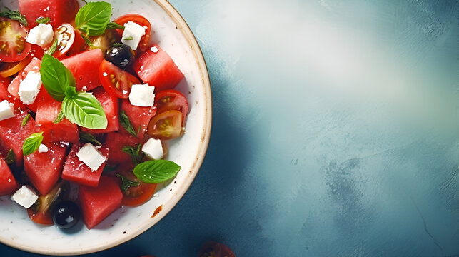 Watermelon And Tomato Salad With Feta Cheese, Overhead Scene On Blue Background With Copy Space. Top View Of Watermelon Tomato Salad With Feta Cheese, Black Olives And Basil Leaves. AI