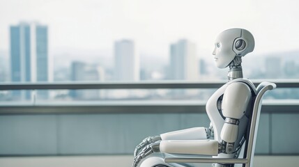 AI robot waiting on chair for a job interview. Generative AI.