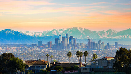 Los Angeles panorama view sunset - obrazy, fototapety, plakaty