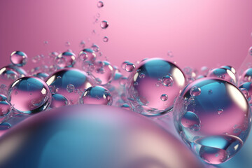 Abstract pastel pink blue background with iridescent air bubbles. Glass balls or water drops background with copy space in 3d render style. Generative AI