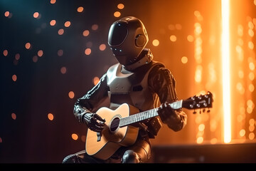 Obraz premium AI robot musician playing guitar. Futuristic entertainment on stage. AI generated