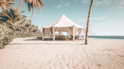 Destination wedding on the beach with a tent for guest. Generative AI.