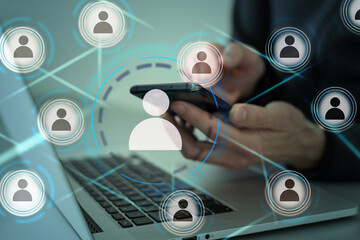 Double exposure of abstract virtual social network icons on modern corporate office background....
