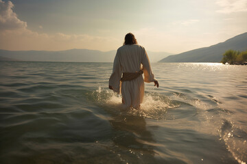 Culture and religious concept. Jesus Christ walking on water on sea of Galilee. Generative AI