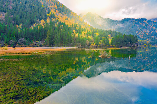 Autumn view of the lake with pure water at early morning time. (Jiuzhaigou nature reserve) Jiuzhai Valley National Park, China