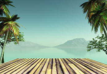 3D render of a wooden deck looking out to a tropical landscape