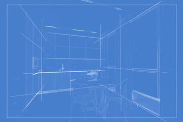 Linear sketch of an interior. Hand drawn illustration of a sketch style.
