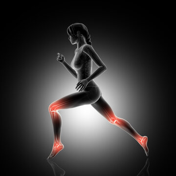 3D render of a female figure jogging with knee and ankle joints highlighted