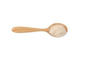Xanthan Gum Powder in spoon.  Food additive E415. Used in food industry and cosmetics. Xanthan gum is an extracellular polysaccharide. Texture improver. Stabiliser and Thickener
