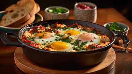 two eggs in a pan on a wooden table next to bread and other food items such as an egg dish