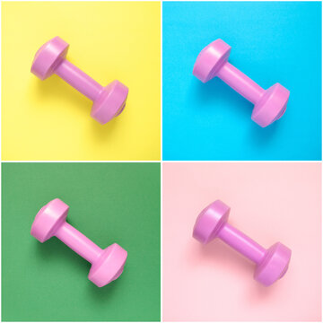 Collage of pink dumbbells on colorful background