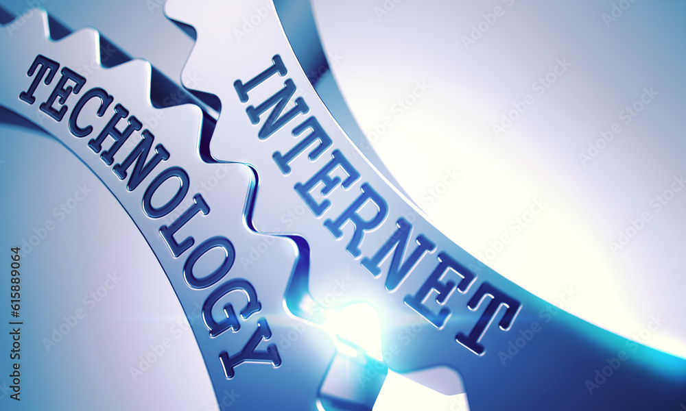 Aufkleber internet technology on the mechanism of metallic cogwheels. communication concept in technical desig