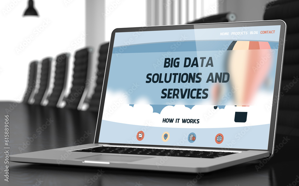 Poster big data solutions and services concept. closeup of landing page on laptop display in modern meeting