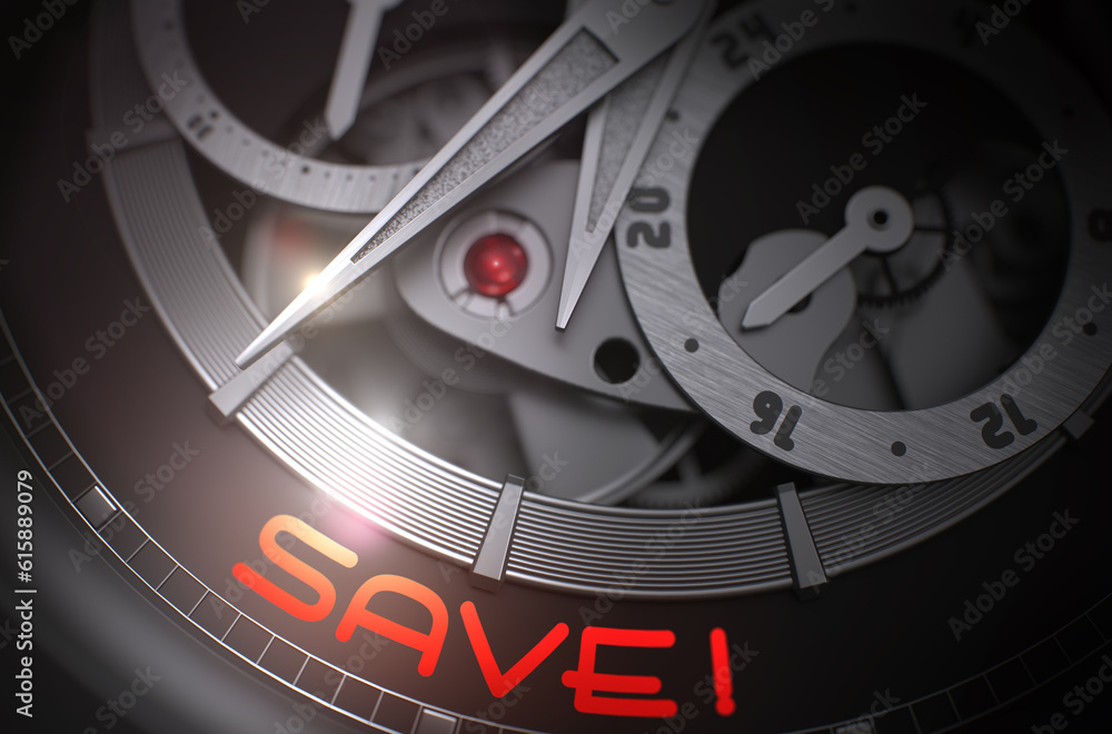 Poster automatic men wrist watch with save inscription on face. save on face of the mechanical watch closeu