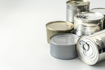 Shiny Metal Cans on White Background With Copy Space Concept for Old-fashioned Food Storage, Sustainable Recyclable Packaging, and Meal Preparation for Emergencies - 615889076