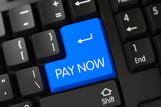 Pay Now Written on a Large Blue Key of a Black Keyboard. 3D.