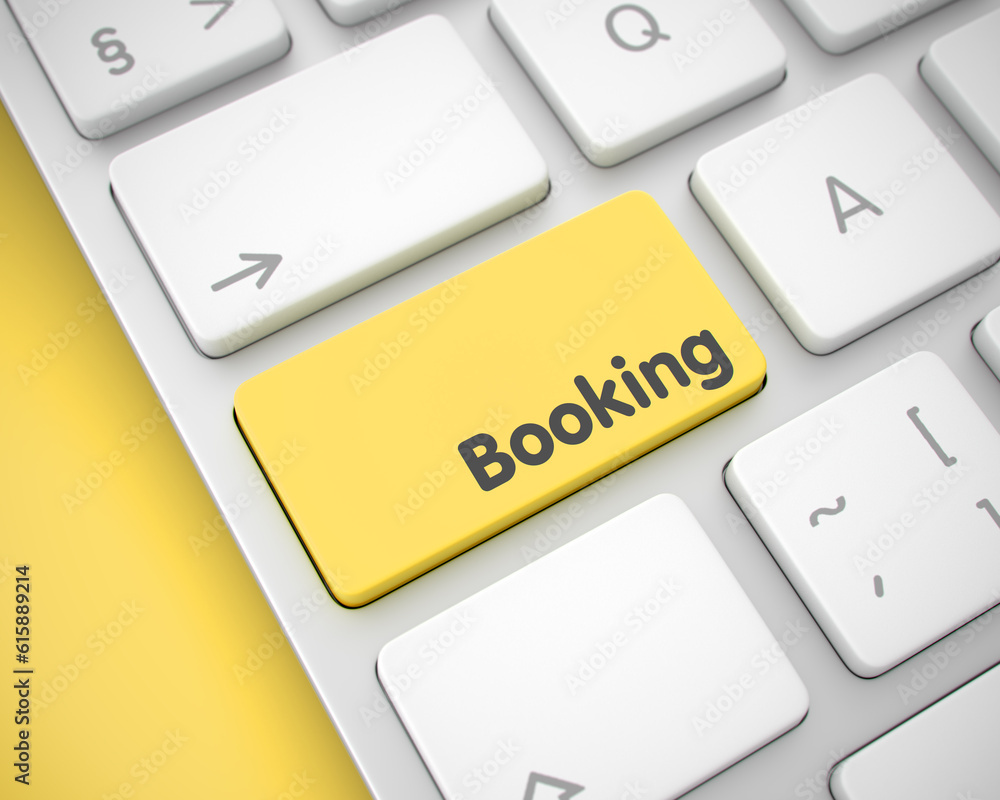 Poster slim aluminum keyboard key showing the inscriptionbooking. message on keyboard yellow key. online se
