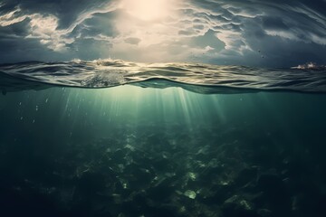 Underwater ocean panorama with water surface sun on a sunbeam fotoproje serbien izrael, in the style of dark teal and light silver, fluid photography