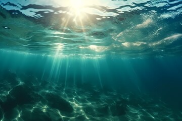 Underwater ocean panorama with water surface sun on a sunbeam serbien izrael, in the style of dark teal and light silver, fluid photography