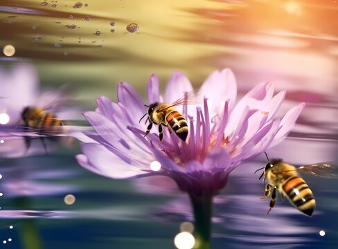 Three purple flower and bee against some water, in the style of photosurrealist photorealism, motion blur panorama