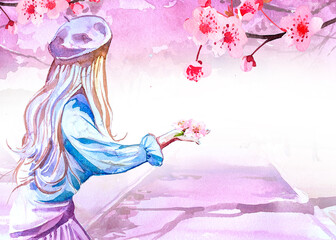 Beautiful spring background. Young girl in a blooming city illustration. Woman walks a pink cherry blossom park backdrop. Travel concept design.