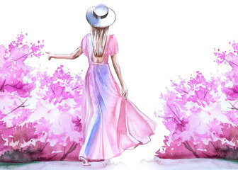 Fototapeta premium Beautiful spring background. Young girl in a blooming city illustration. Woman walks a pink cherry blossom park backdrop. Travel concept design.