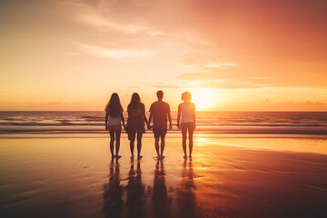 Fototapeta premium Friendship concept. Group of friends holding hands with each other and watching colorful sunset at sea or ocean. Generative AI